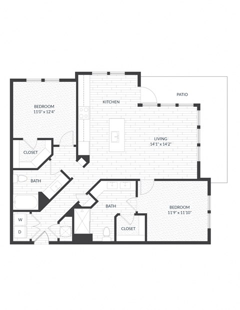 Floor plan for 2 beds, 2 baths, 1164 sqft